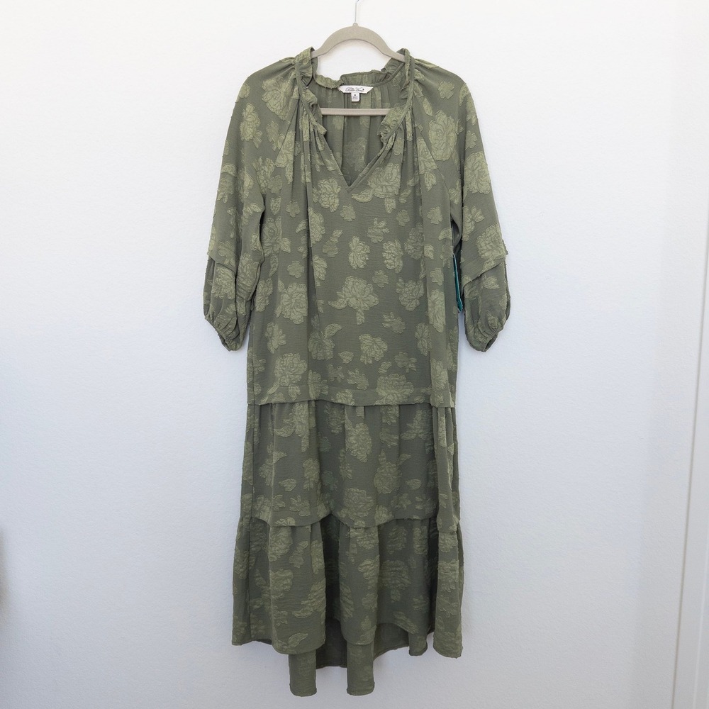 The Pioneer Womens Dress Size M Green Floral Tiered Midi Boho Cottage‎ Prairie